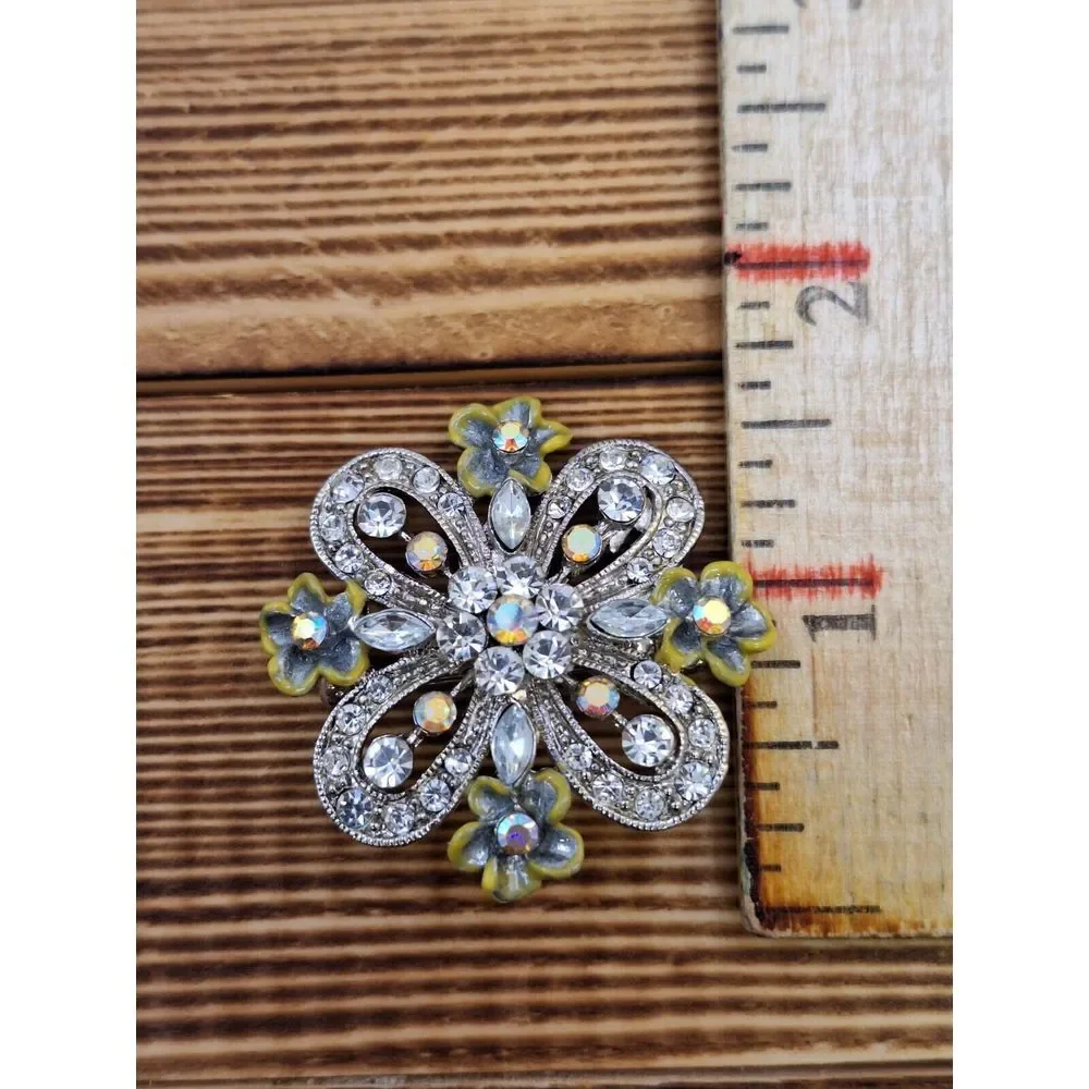 Vintage Rhinestone Brooch With Enamel Flowers Silver Tone 1.5